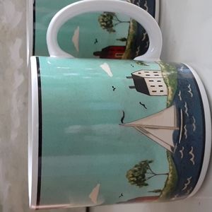 Sakura Oneida COASTAL BREEZE Warren Kimble 8 oz Mugs Flag Sailboat Lighthouse